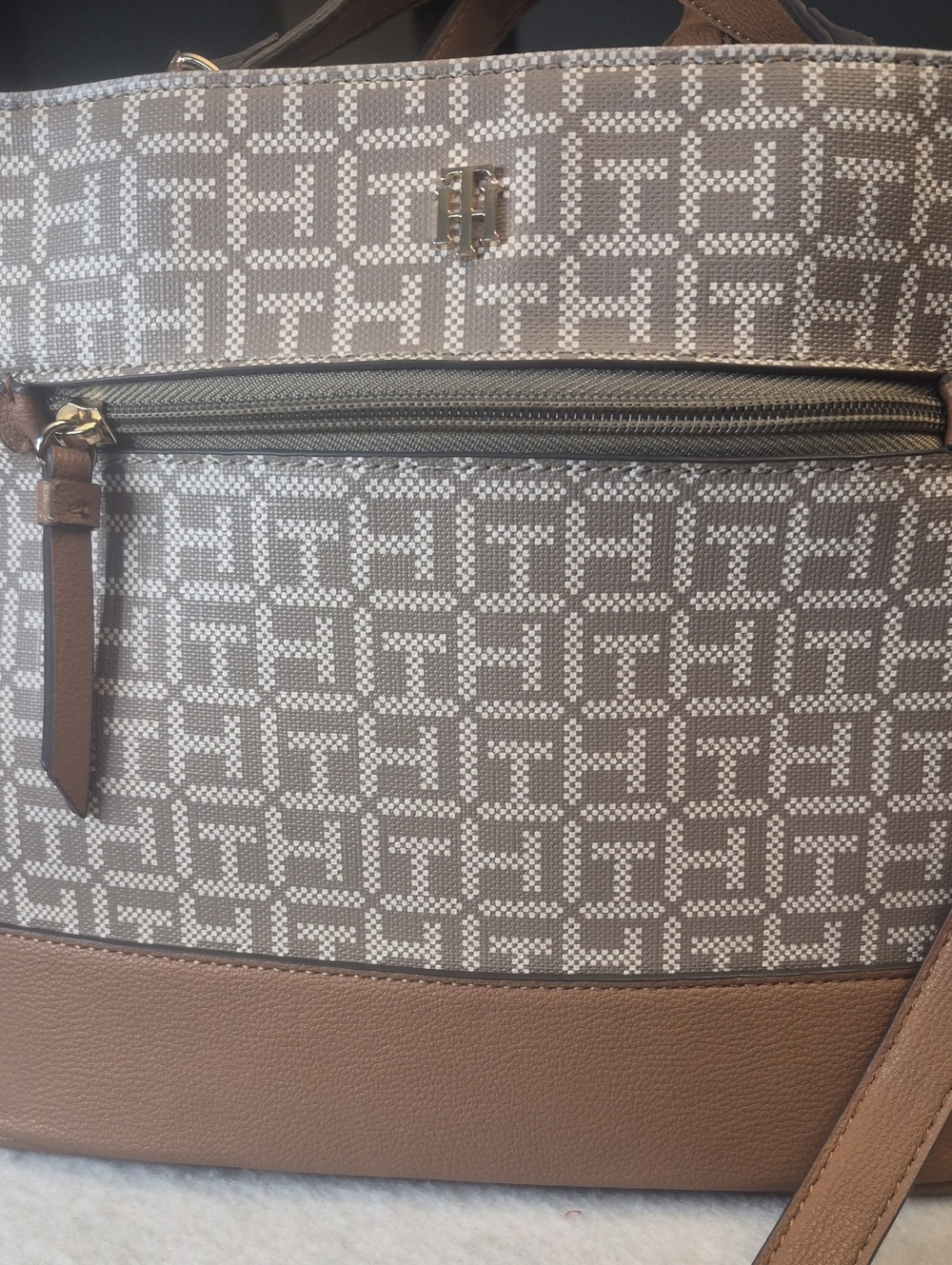Tommy Hilfiger Taupe Logo-Print Shoulder Bag with Brown Trim
